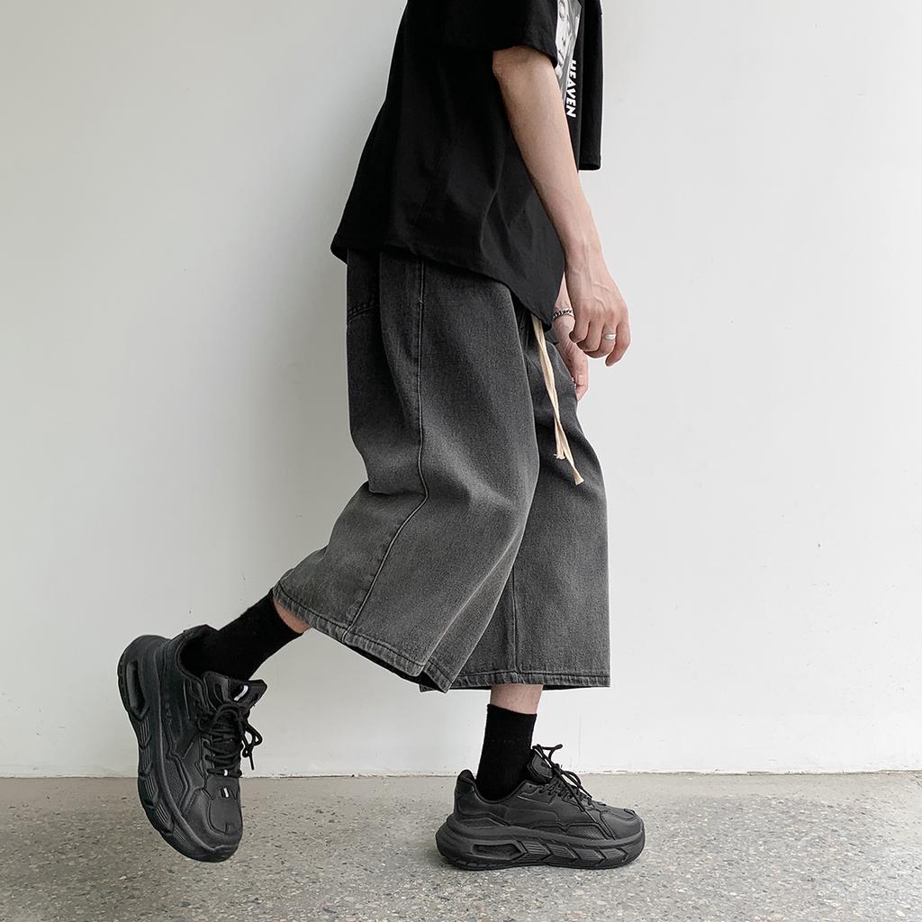 2023 Summer New Casual Calf-length Men's Jeans Pants Harajuku Elastic Waist Solid Color Baggy Jeans For Man