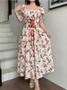 2026 European and American Women's Clothing, Standing French Square Neck Bubble Sleeve One-word Shoulder Floral Dress