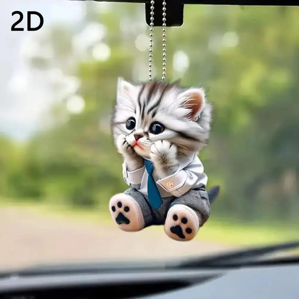 2D Cute Cat Rearview Mirror Decoration Pendant Backpack Keychain Decoration Pendant Realistic Animal Cat Hanging Ornament