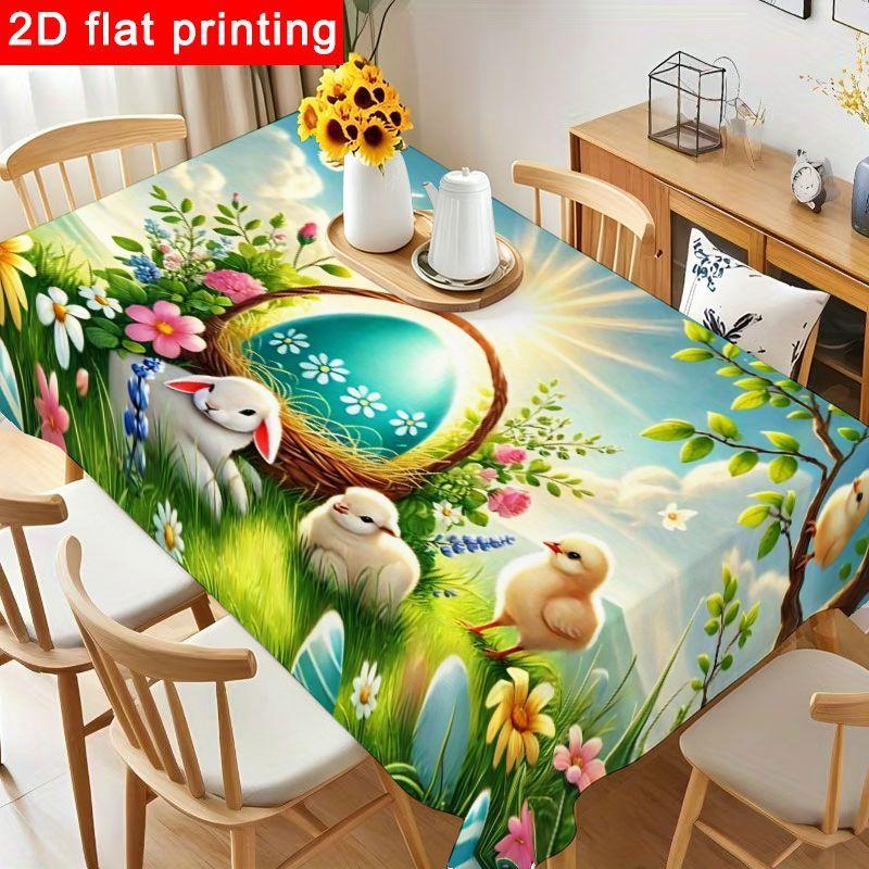 1pc Whimsical Easter Tablecloth - Colorful Cover Featuring Joyful Bunny & Flower Design, Reusable & Easy to Clean for Spring Celebrations, Easter Gath