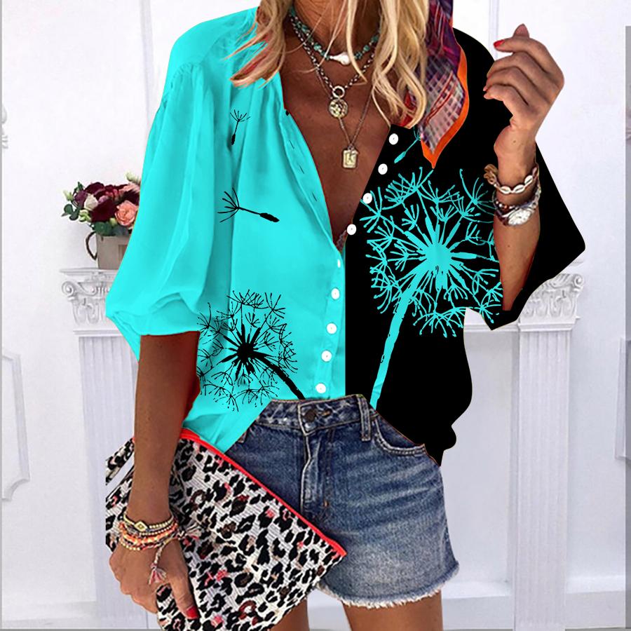

2023 Лето Осень Новые модные женские топы Оранжевый одуванчик с принтом до половины рукава Повседневная рубашка больших размеров на пуговицах с объемными рукавами XL циан