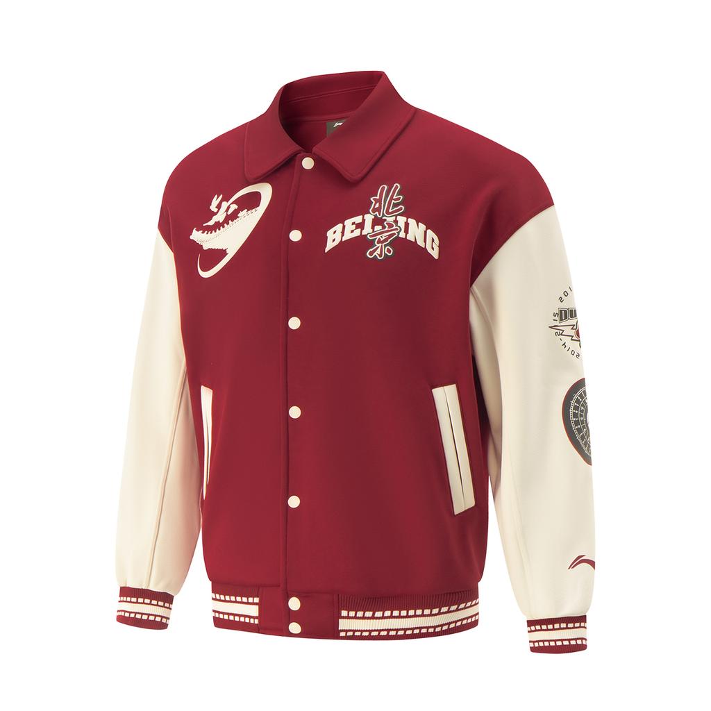 Li Ning CBA Series Loose Fleece Warm Collared Letter Pattern Knitted Jacket Men Jacket Deep-Burgundy AJDU383-1