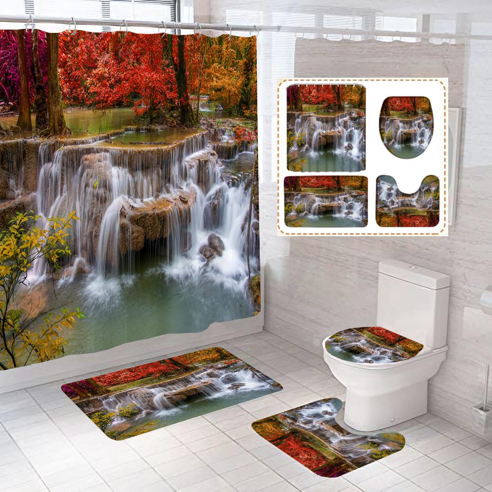 Wasserfall Landschaft Druck Duschvorhang Wald Szenerie Wasserdichte Badezimmer Vorhänge Heimdekoration Rutschfeste Teppiche Duschvorleger Set