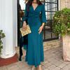 Women's Ruched Bodycon Evening Dress Casual Long Sleeve V Neck Prom Dress Cocktail Party Formal Maxi Mermaid Dress