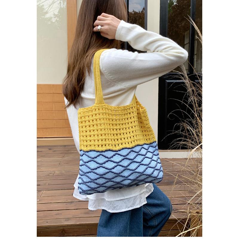 Boho Polyester Knit Shoulder Bag for Women Hollow Out Woven Tote Purse