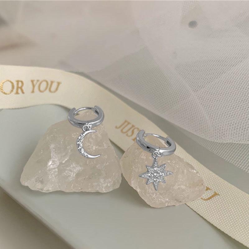 S925 Silver Star & Moon Asymmetrical Earrings - Niche Design with Eight-Point Star Studs for Women