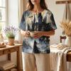 Women's Casual Short Sleeve Linen Cotton Blend Henley Shirt with Chest Pocket Halloween Themed Graphic Print