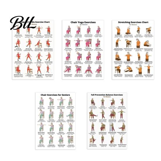 Cardiopulmonary Fitness Seniors 5Pcs Chair Balance Stretch Yoga Exercise Poster Set for Low-Impact Home Workout Plan Low Impact Aerobics Elderly Sets