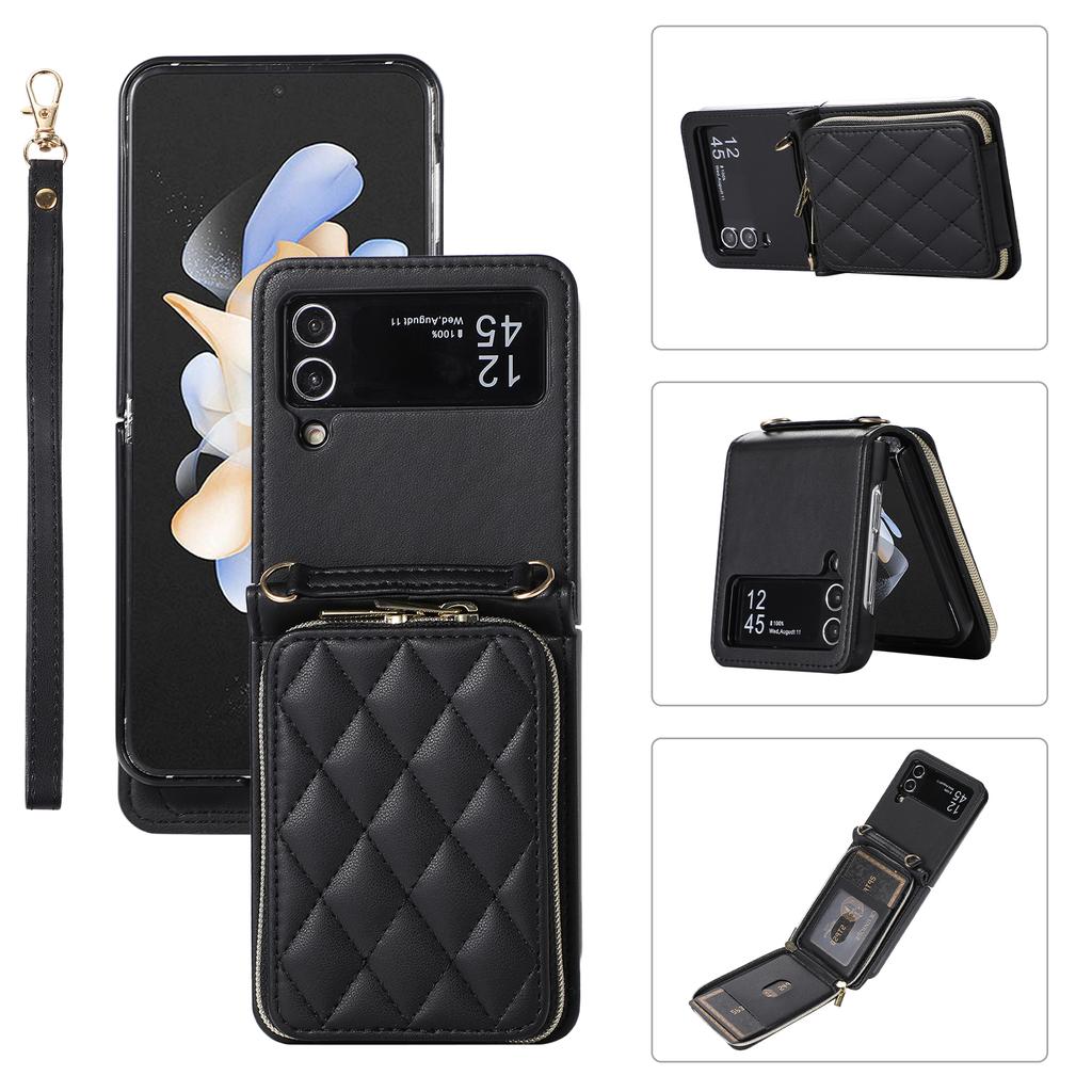 Crossbody Card Holder Wallet Case for Samsung Galaxy Z Flip 7 FE 6 5 4 3 5G Flip6 Wrist Strap Zipper Vegan Leather Phone Cover