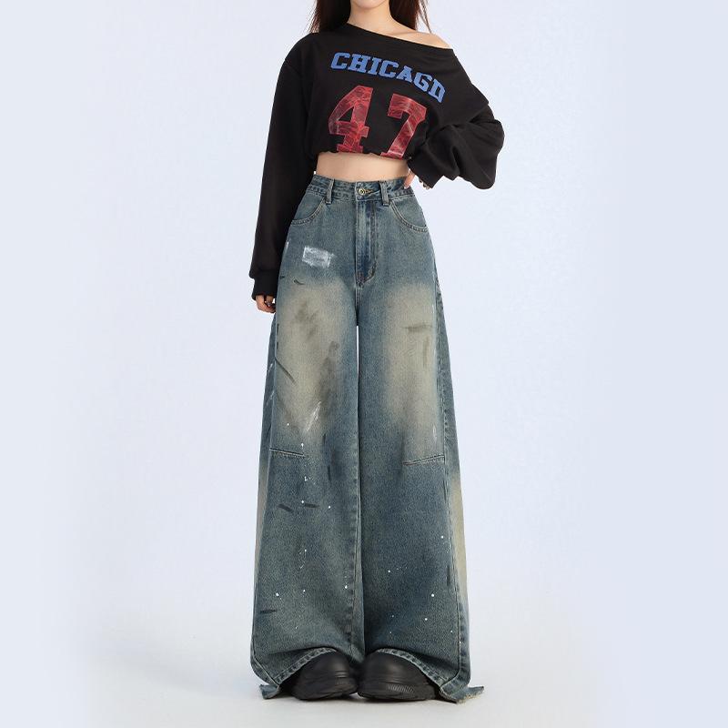 Spring 2026 Women s Retro Blue High-Waisted Wide-Leg Floor-Length Jeans L