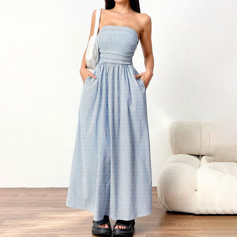 Small sexy tube top contrasting striped shirt dress women s summer new high-end temperament high-waisted thin dress S