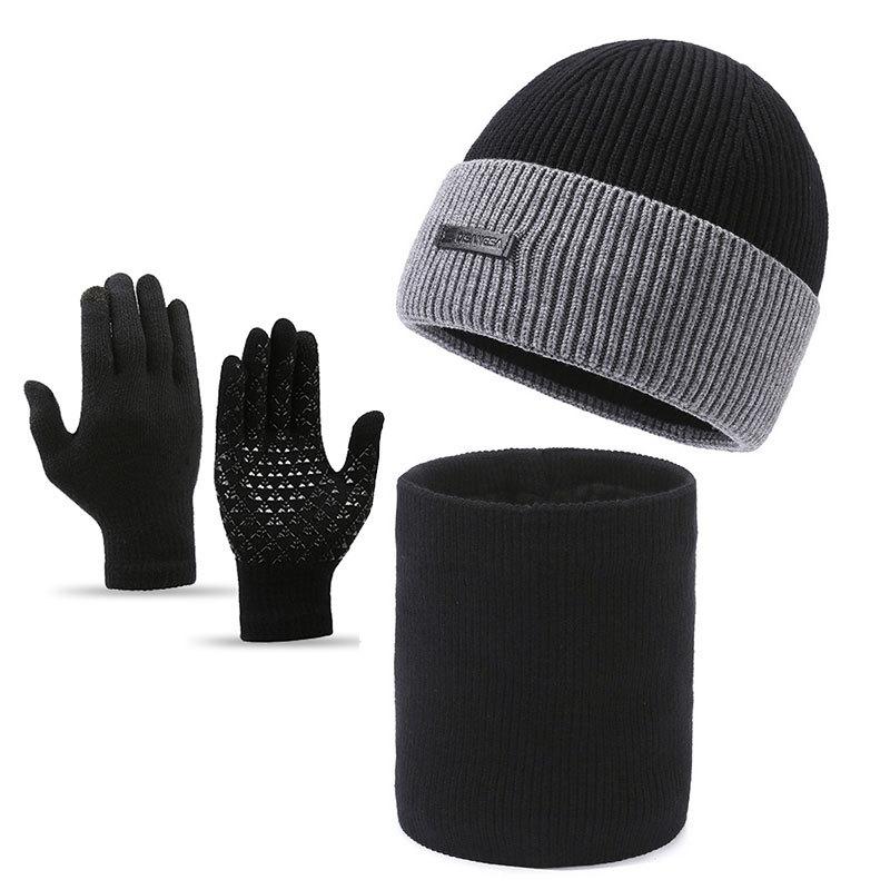 

Комплект из трех предметов: шерстяная шапка с воротником и рукавами, мужская осенне-зимняя, утепленная, с защитой от холода, с защитой ушей, вязаная шапка с рукавами и шарфом, перчатки серый/чёрный