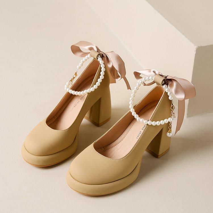 

French Mary Jane women s shoes pearl thick heel temperament single shoes 2025 new spring skirt small high heels 43