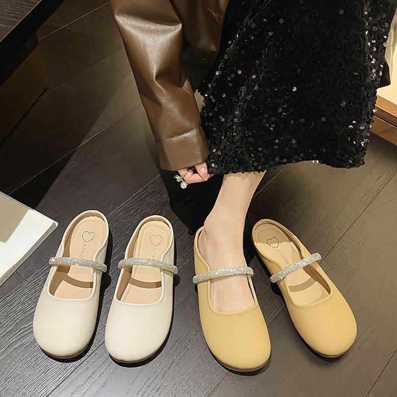 Baotou half slippers women's spring summer 2025 new Internet celebrity fashion rhinestone single shoes soft sole wear French sandals