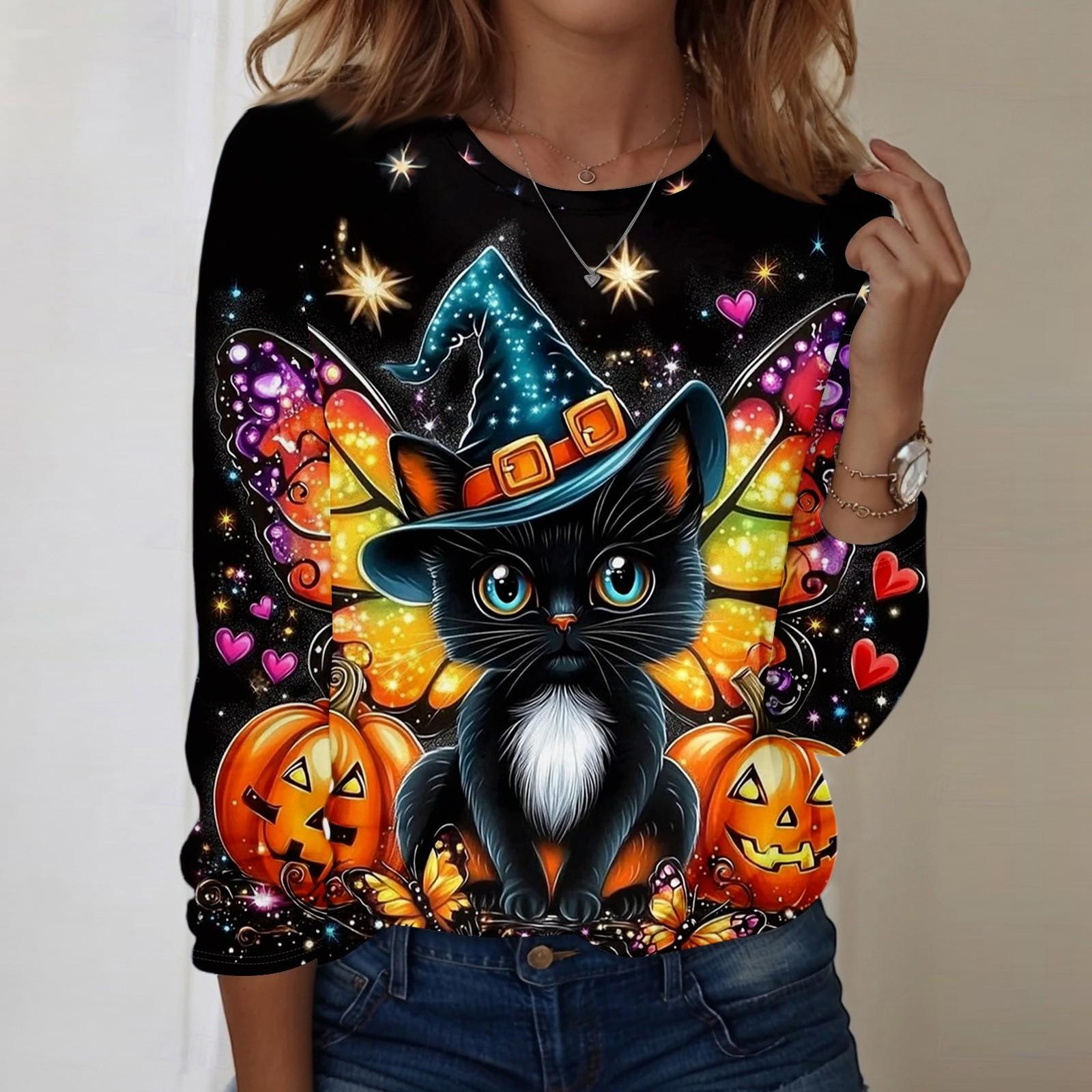 

Women s Halloween Printed Round-neck Loose Long-sleeved Top XL