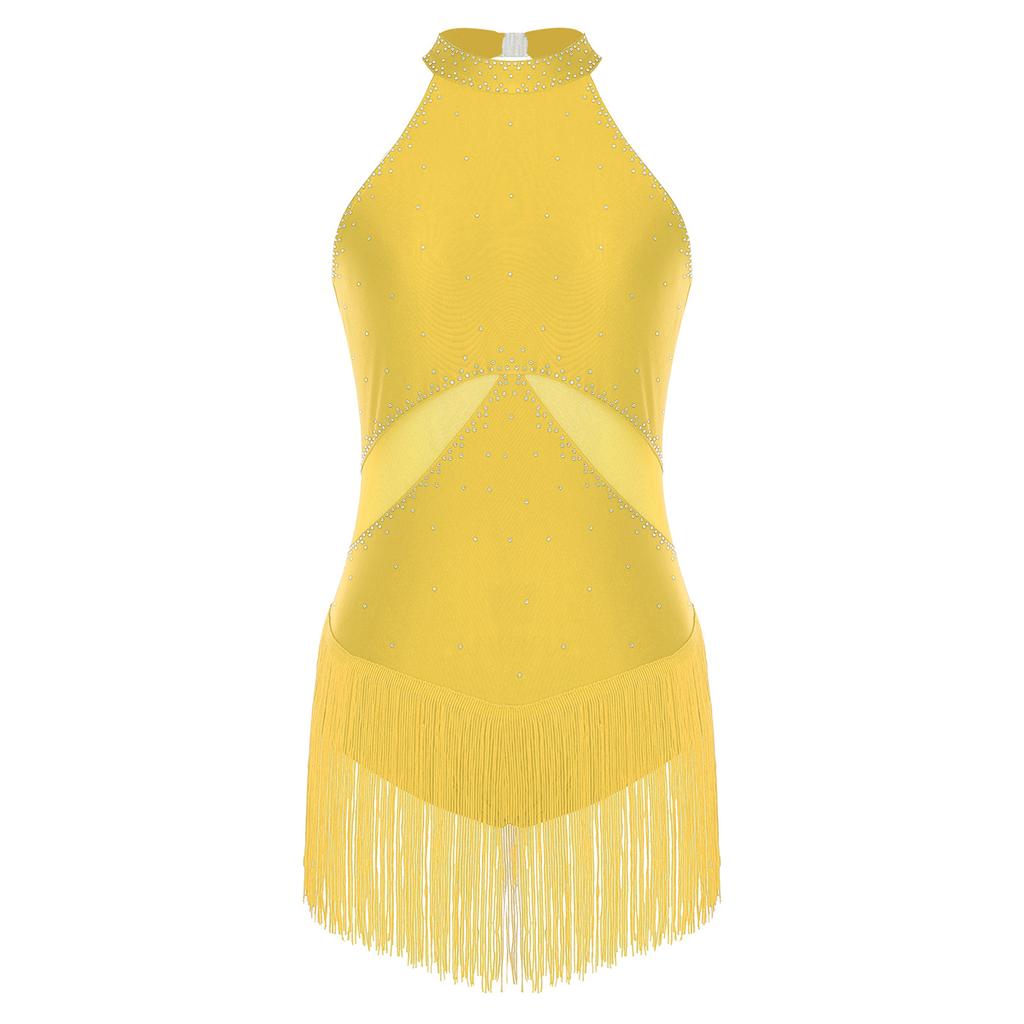 Dame Latin Dans Leotard Glitrende Rhinestone Dusker Mesh Lappverk Rygg Utklipp Bodysuit Ytelseskostyme