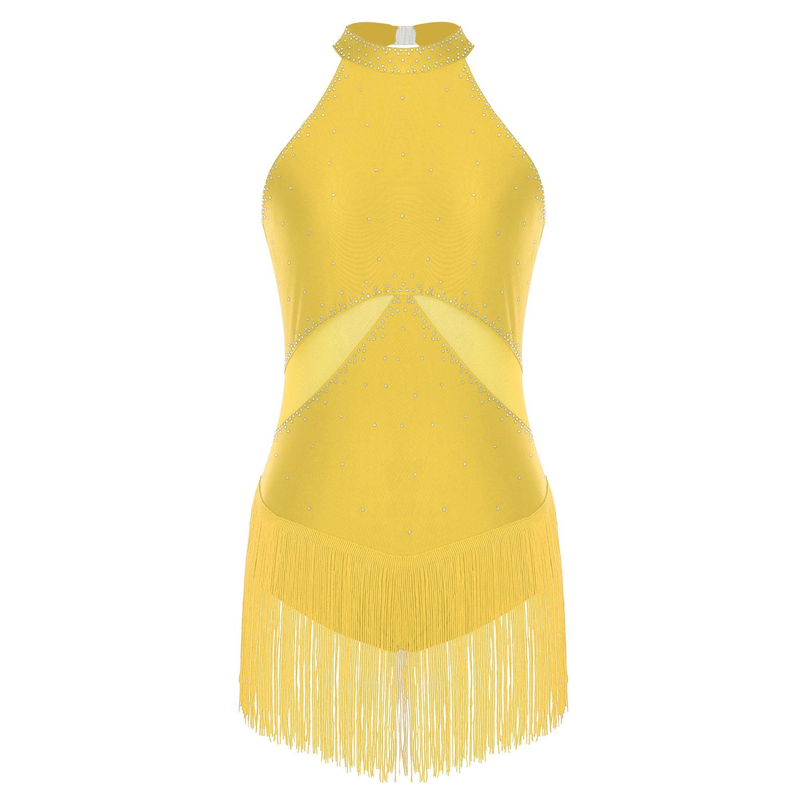 

Жіночий латиноамериканський костюм для танцю ча-ча Блискучий стразовий з китицями Сітчастий печворк З відкритою спиною Боді для виступу Леотар M жовтий