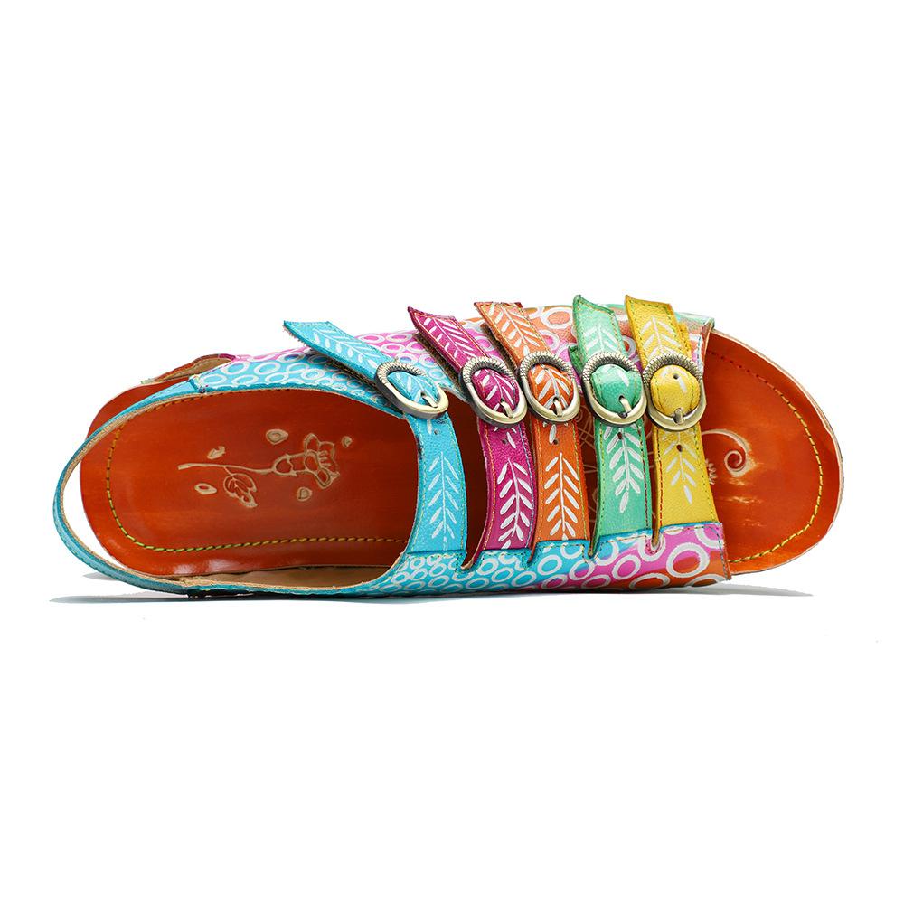 Johnature Echtes Leder Retro Damen Schuhe Sommer Farbe flache Sandalen Komfort atmungsaktive handbemalte Strandsandalen