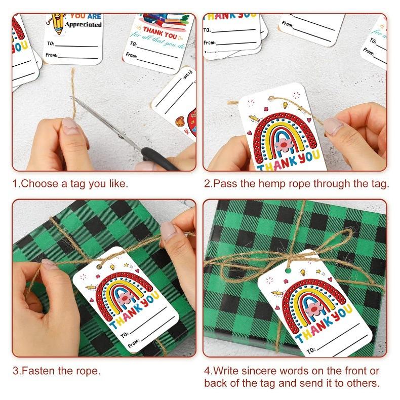 50Pcs Teacher Appreciation Tags with Rope, School Party Decor Gift Labels, Thank You Card Hanging Decorations