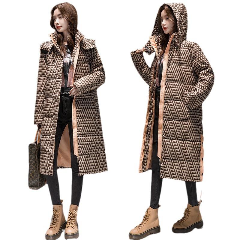 Damen Winter Kapuzen Knielang Daunen Baumwolljacke Karomuster Temperament Lockerer Mantel