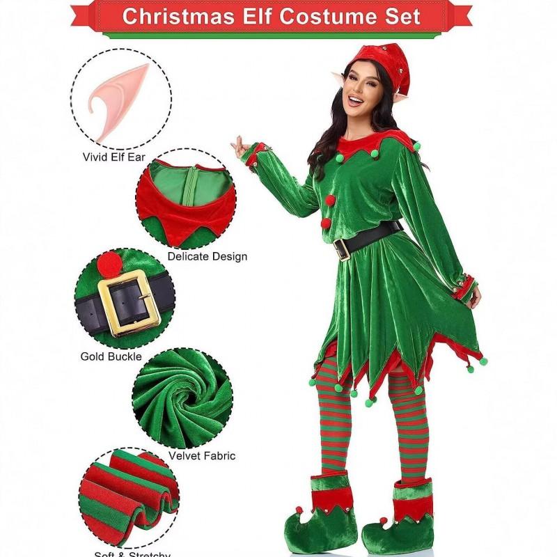 Christmas Costume Dress Set Adult Green Elf Cosplay Outfit Stage Performance