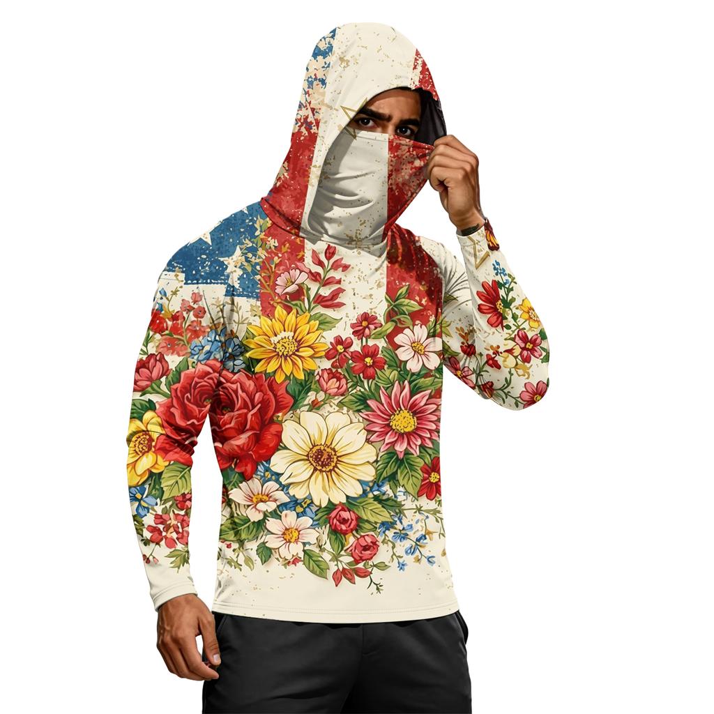 Men's Long Sleeve Lightweight Hoodie with Drawstring Hood and Face Covering Flag Print Casual Pullover Top