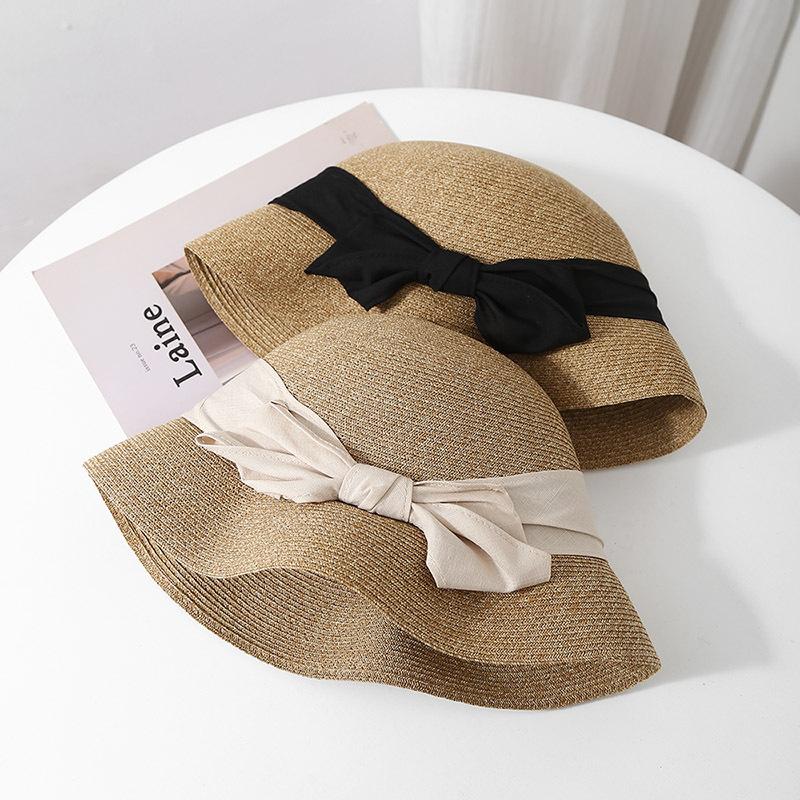 Nouveau chapeau de soleil d'été tissé pliable chapeau de protection solaire à ressort et été avec nœud