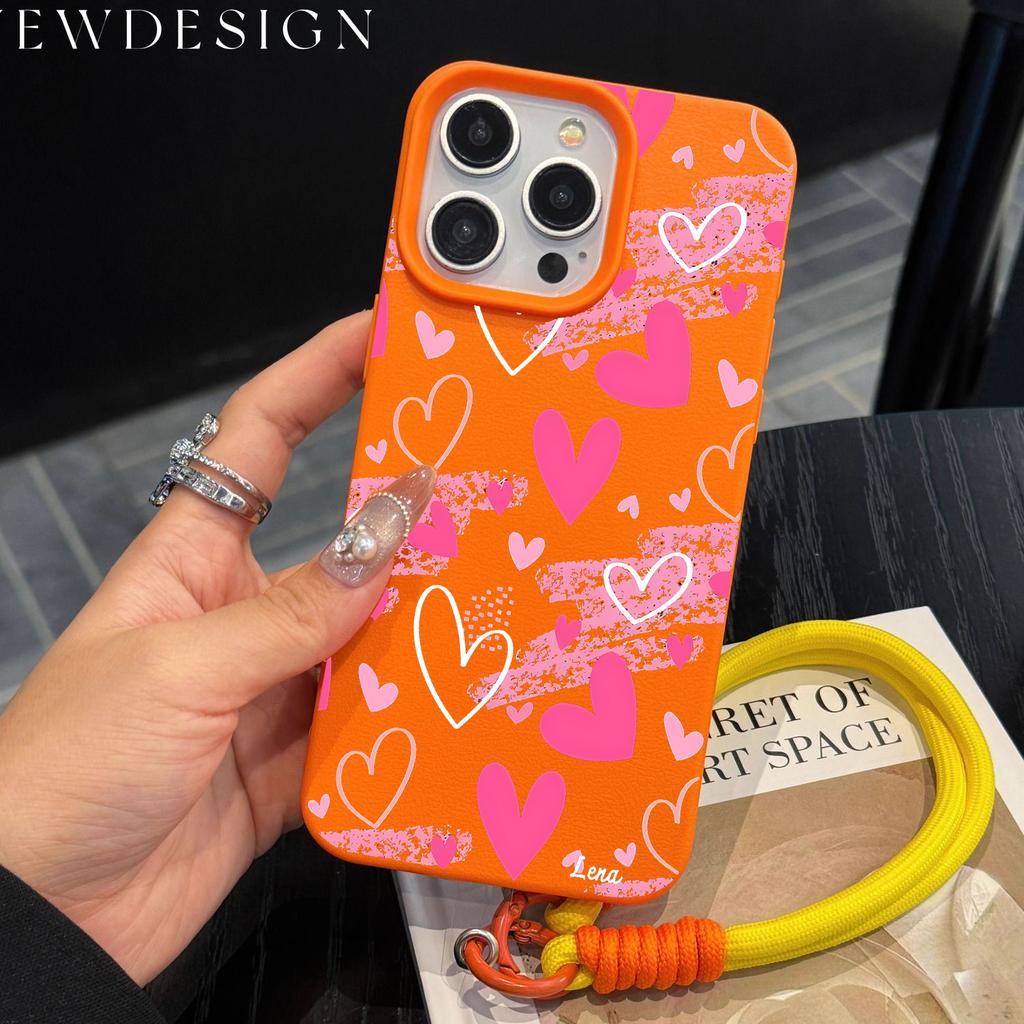Graffiti Pink Love Heart Phone Chain Lanyard Case For iPhone 17 16 15 14 13 12 Pro Max 11 Plus Shockproof Lichee Pattern Funda
