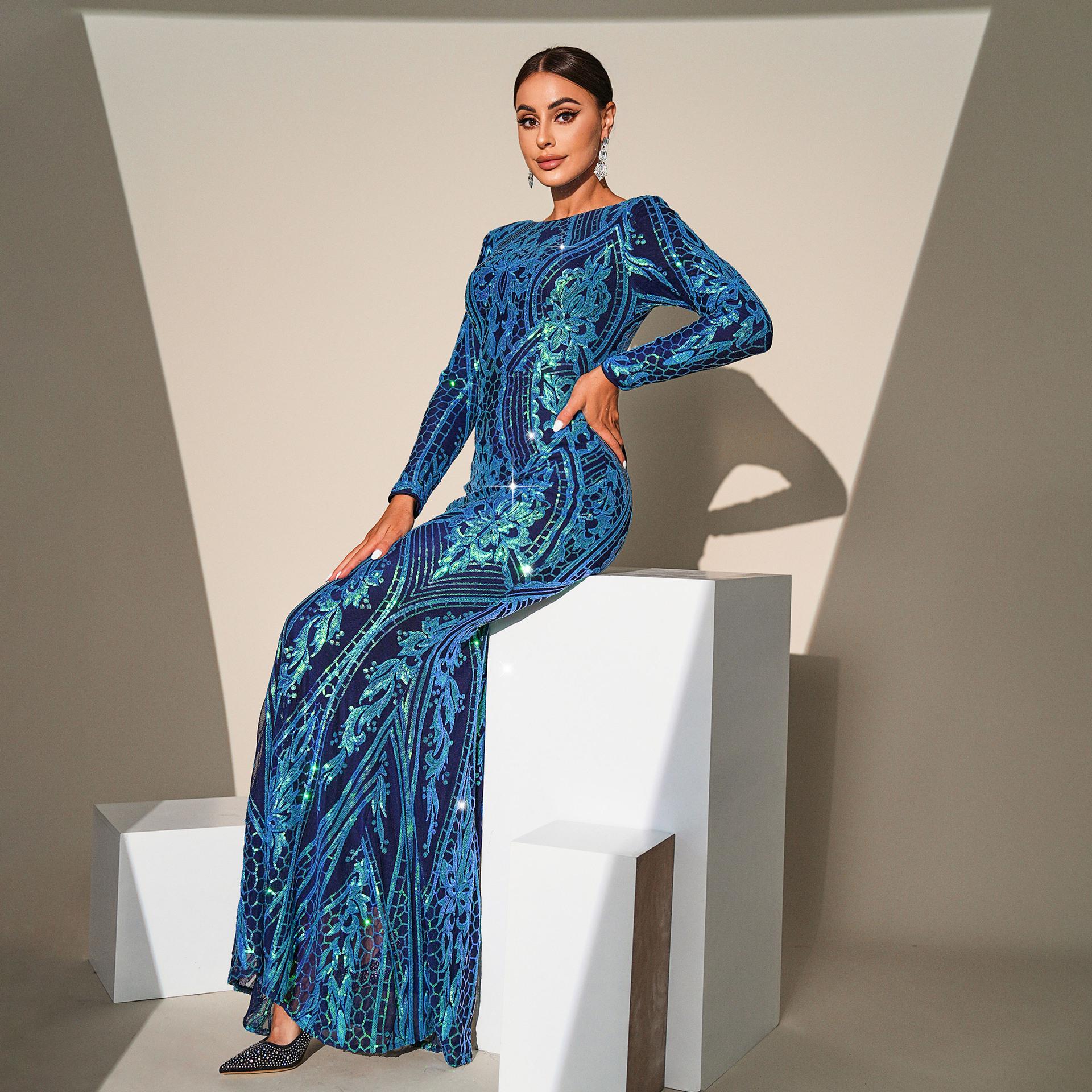 

Європейська та американська елегантна вечірня сукня подружки нареченої з довгим рукавом, з сітки з паєтками Small синій