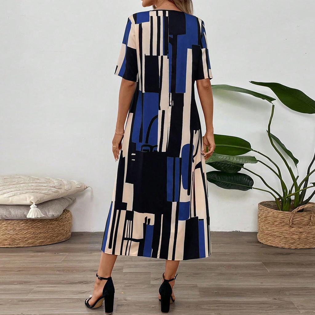 Women's Dresses Casual Printed V-Neck Short Sleeve Loose Long Dresses