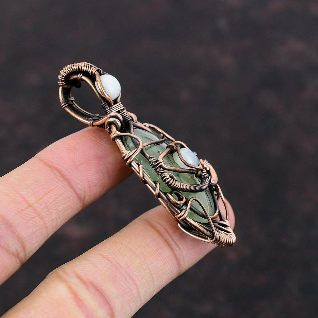Evil Eye Moss Prehnite Pendant Copper Wire Wrapped Pendant Gemstone Pendant Handmade Evil Eye Jewelry Moonstone Pendant Copper Wire Jewelry