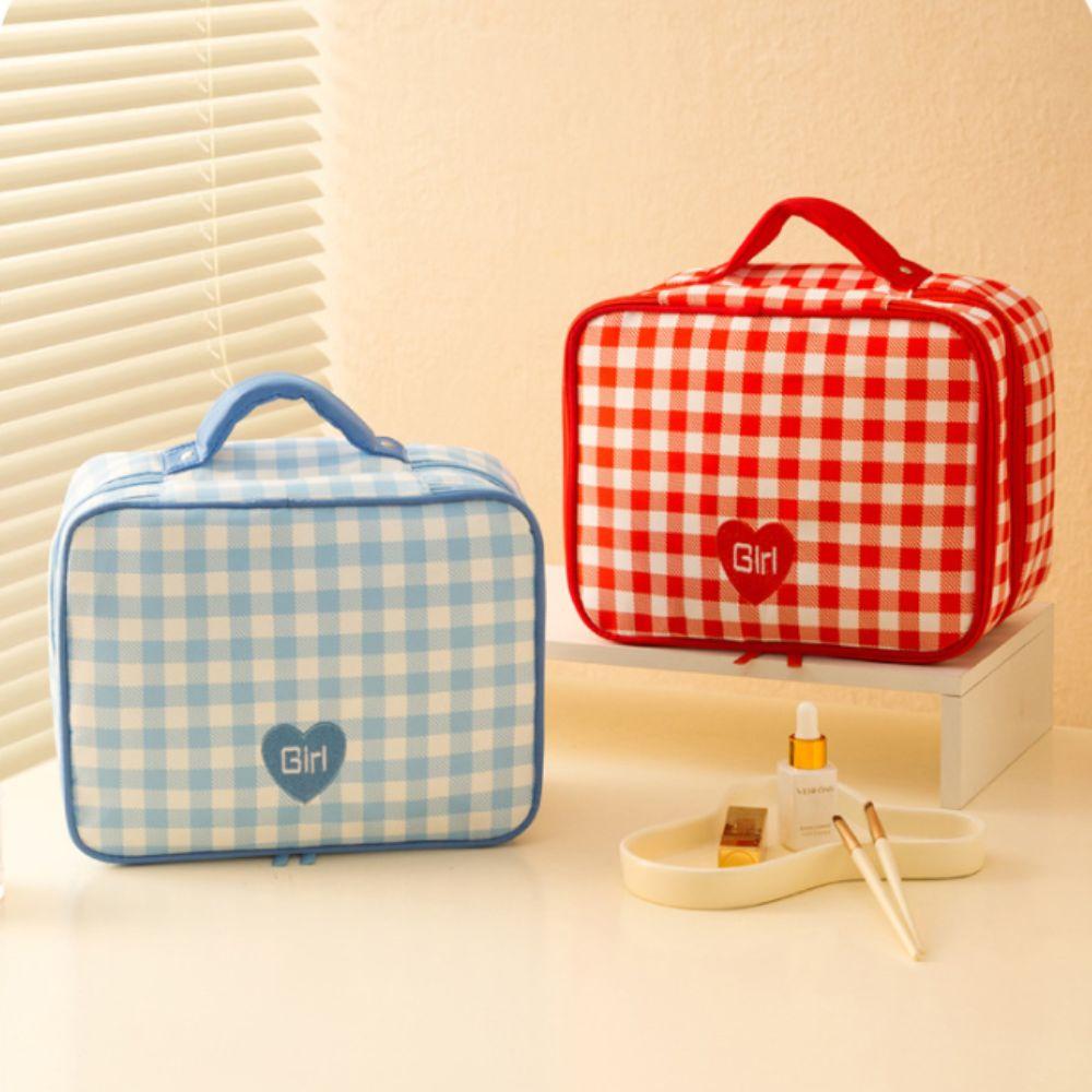 

Plaid Women s Makeup Bag Double Layer Women s Storage Cases Travel Accessories синій