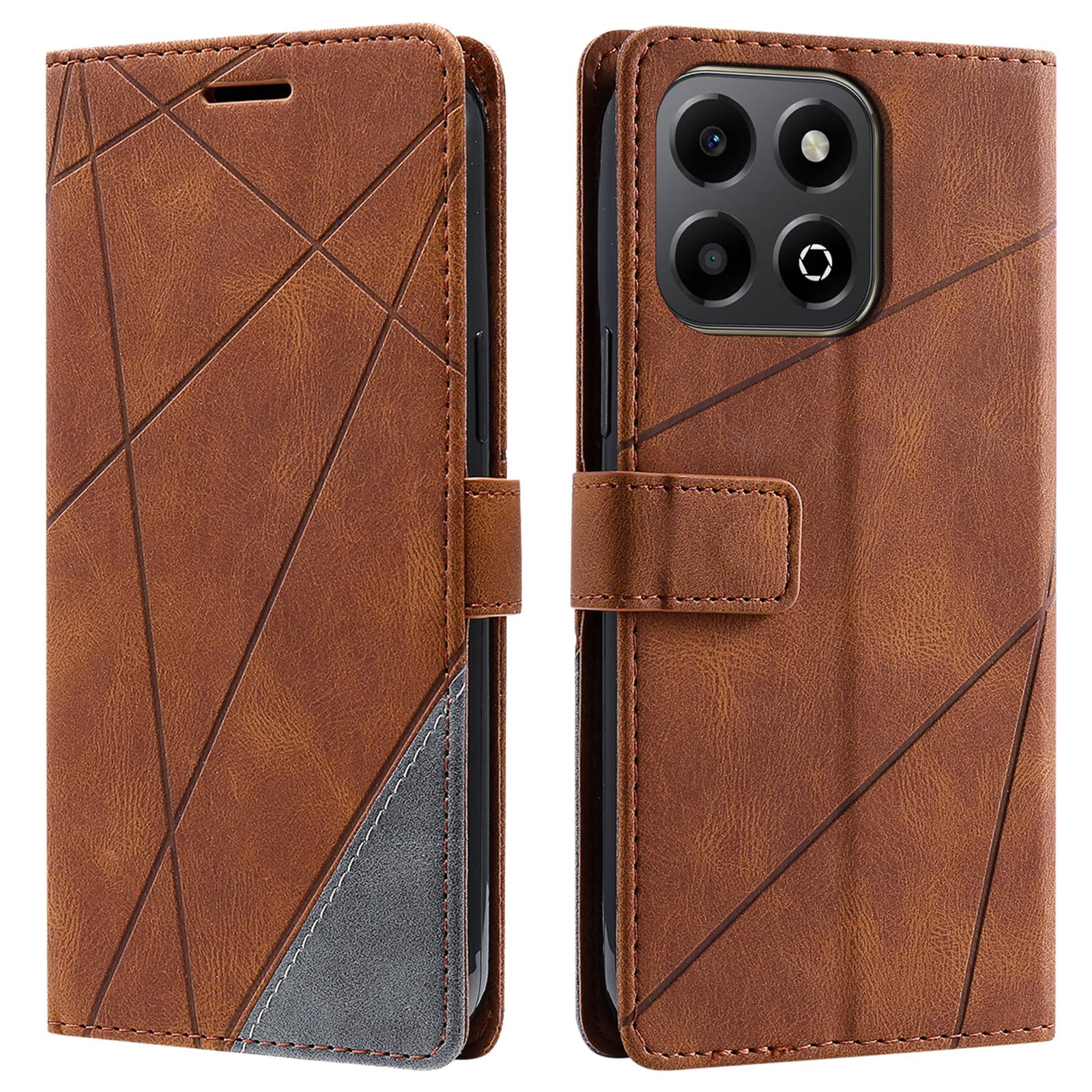 

For Honor X7c 4G/200 Smart 5G Case Imprinted Lines PU Leather Splicing Wallet Phone Cover Brown