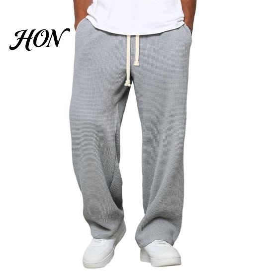 Versatile Outdoor Activewear Men Waffle Baggy Trousers, Wide Leg Drawstring Waist Slacks, Loose Fit Relaxed Travel Pants Casual Sweatpants with