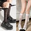 Women Elegant Thin Sheer Solid Color Silk Over Calf Socks Japanese Style Geometric Striped Pattern Knee Length Stockings