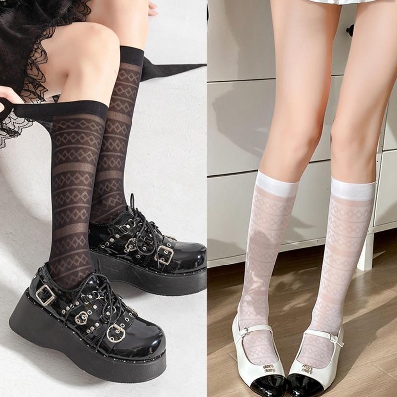 Women Elegant Thin Sheer Solid Color Silk Over Calf Socks Japanese Style Geometric Striped Pattern Knee Length Stockings