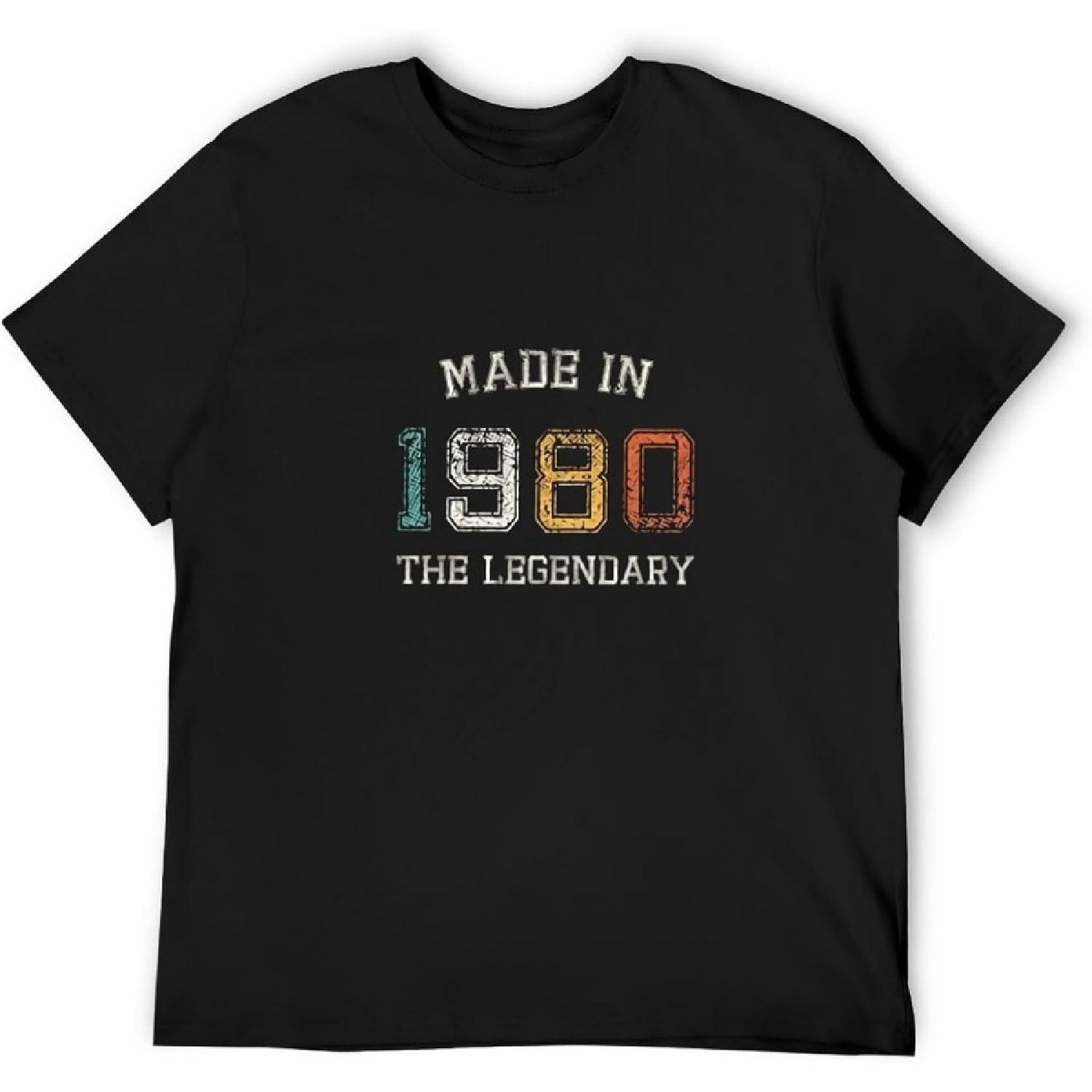 Hiwide Retro Made in 1980 T-Shirt for Mens The Legendary are Born in 1980 T Shirt 40Th Birthday Gift Tee Top Black S