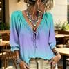 Women's Gradient Print Ruffle V-Neck Blouse with Tie Front