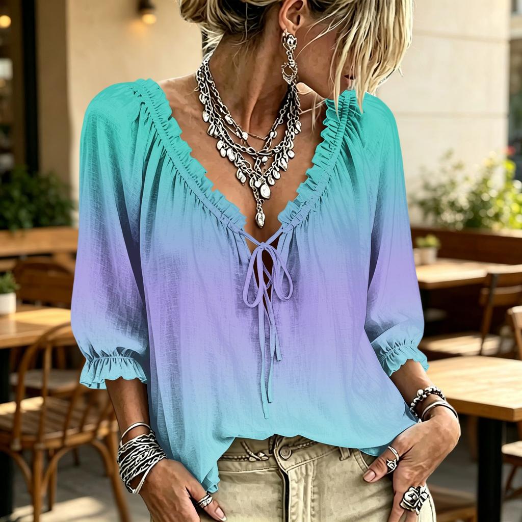 Women's Gradient Print Ruffle V-Neck Blouse with Tie Front