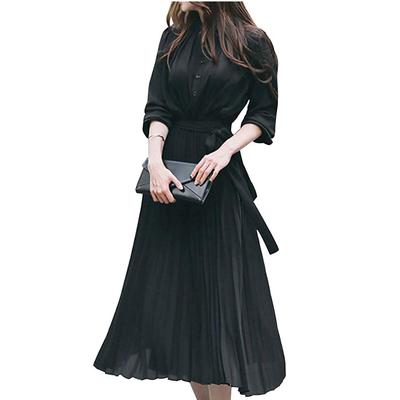 Autumn and Winter Long Sleeve Pleated Dress Fashion Plain Button Closure Long Dress with Waistband and Belt [JINJUDUO] Women's (Black, M)