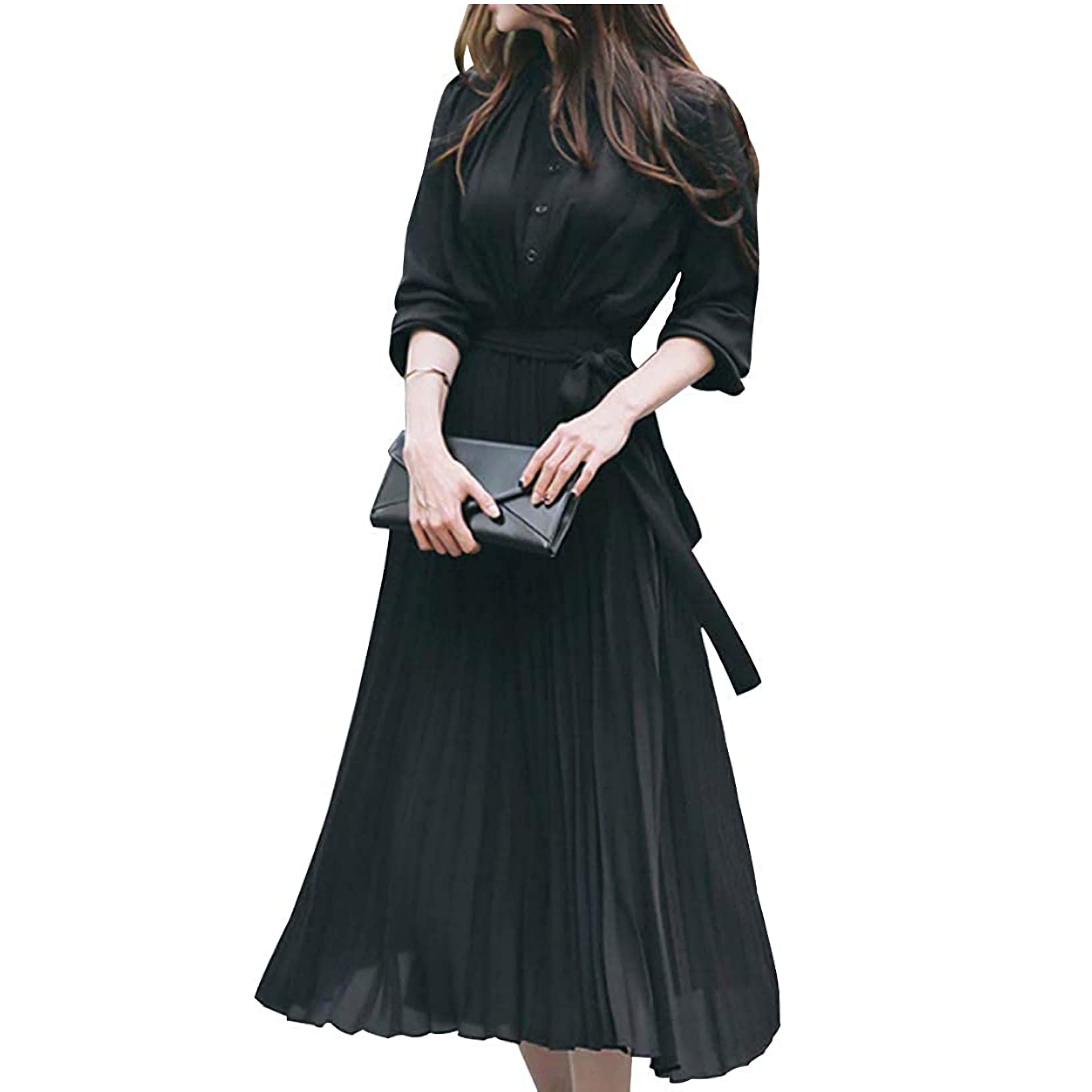 

Autumn and Winter Long Sleeve Pleated Dress Fashion Plain Button Closure Long Dress with Waistband and Belt [JINJUDUO] Women s (Black, M) чёрный