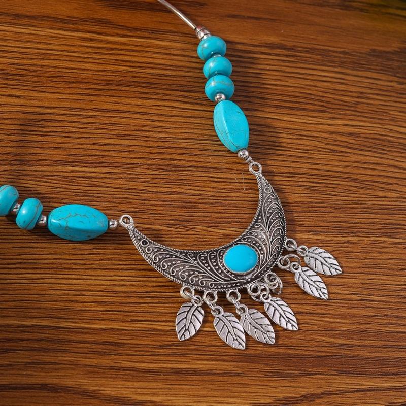 Ethnic Inspired Turquoise and Leaf Tassels Pendant Necklace Lightweight Retro Clavicle Jewelry Accessory for Daily Wear