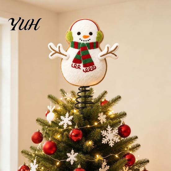 Vivid Felt Tree Ornament Wool Christmas Topper, Cute Snowman/Santa Claus Treetop with Topper Spring Base, Holiday Xmas Decoration for Home Party Decor