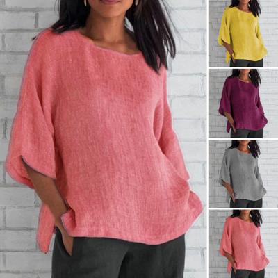 O-neck Loose Fit Soft Pullover Blouse Solid Color 45355 Sleeve Vintage