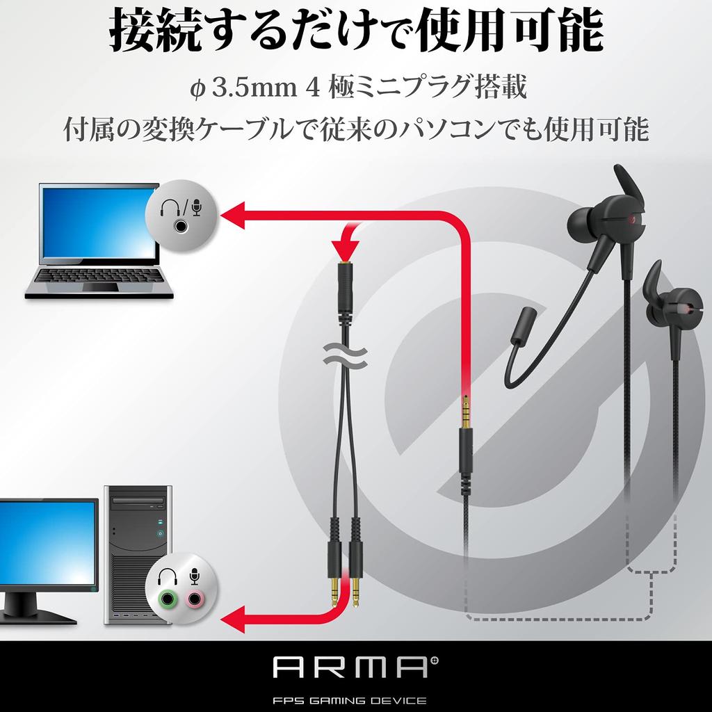 ELECOM ARMA Wired Gaming Headset with Microphone Arm, Black, HS-ARMA50EBK