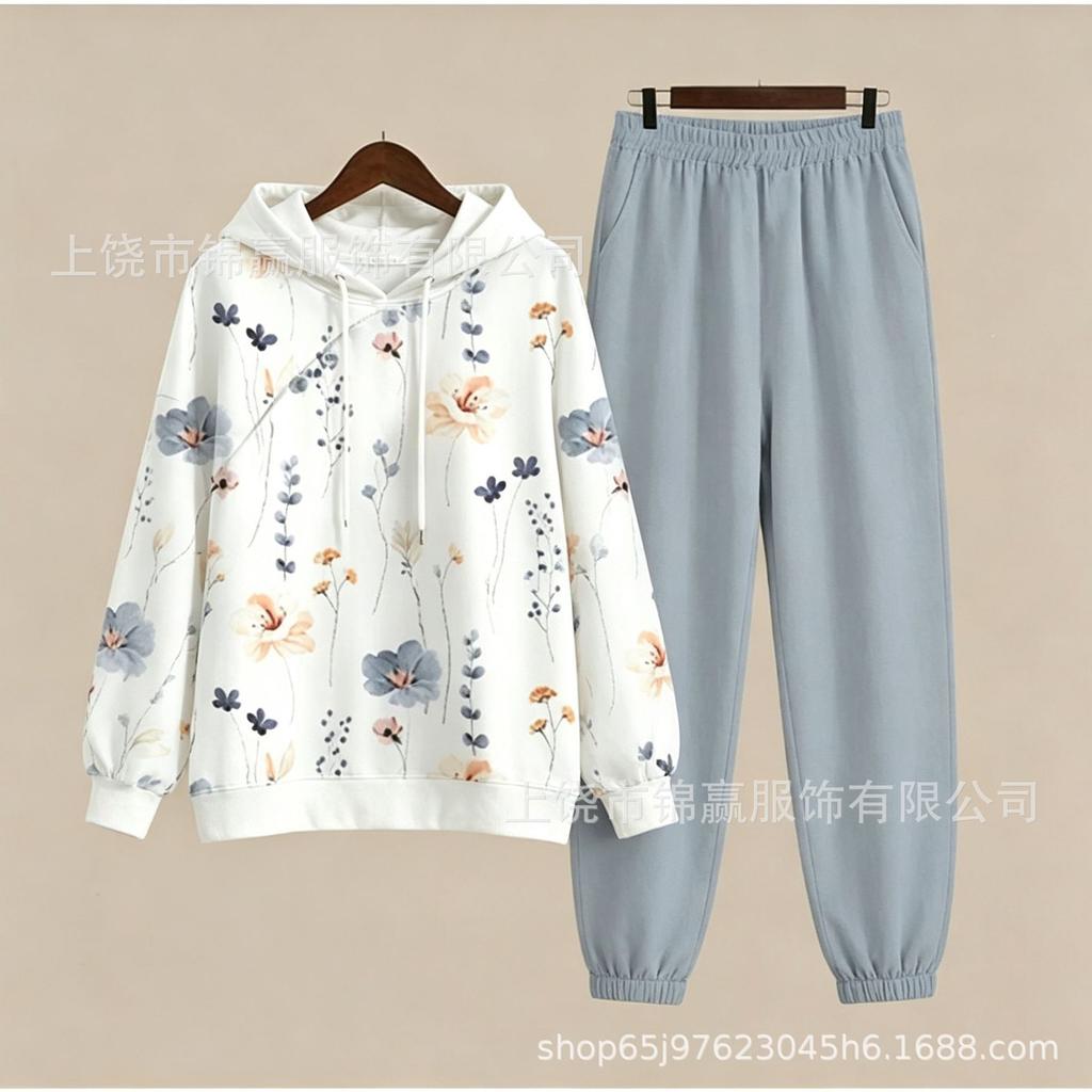 Spring/Autumn Soft Cotton Casual Set, Color-Blocking Floral Top, Solid Color Pants, Versatile Slimming Commuter Set