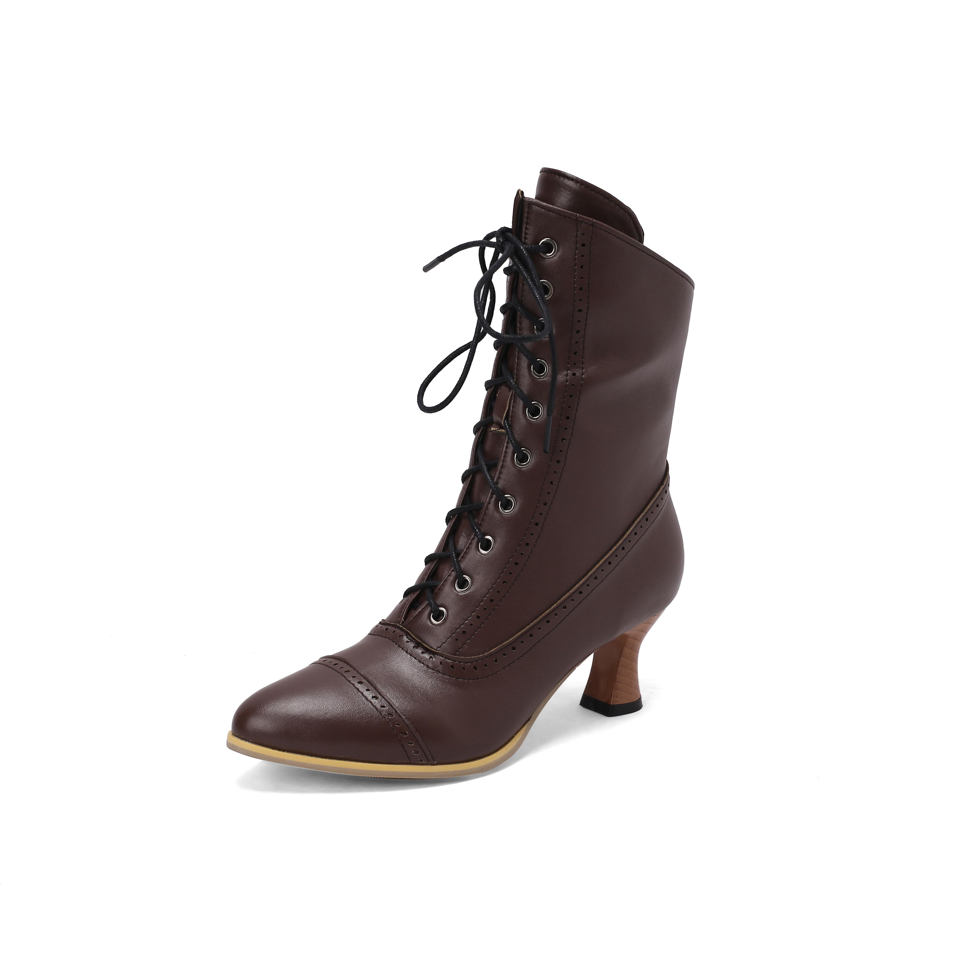 

Жіночі короткі чоботи на високих підборах, однотонні гострі ретро різьблені короткі чоботи, осінь і зима Нові великі жіночі 40 коричневий