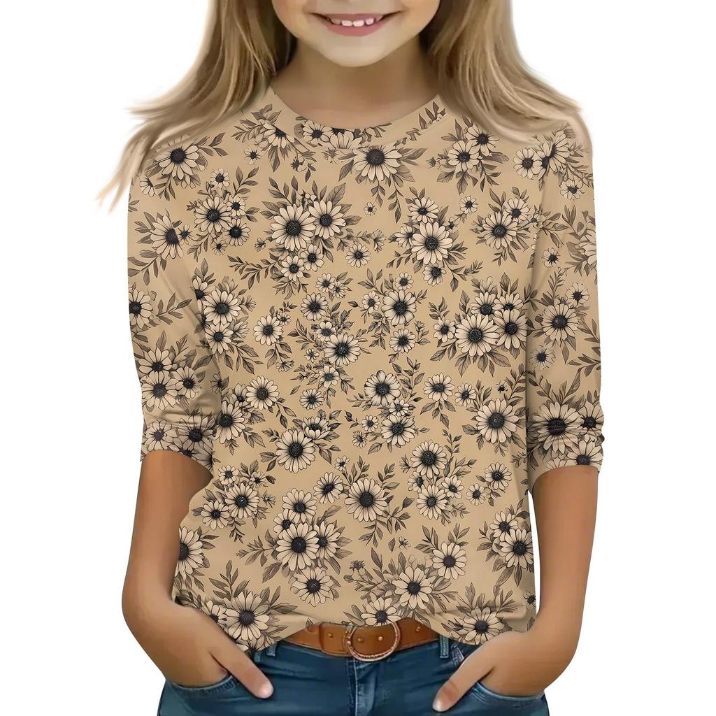Children's 3/4 Sleeve Tops Casual Print T Shirt Round Neck Pullover Blouse