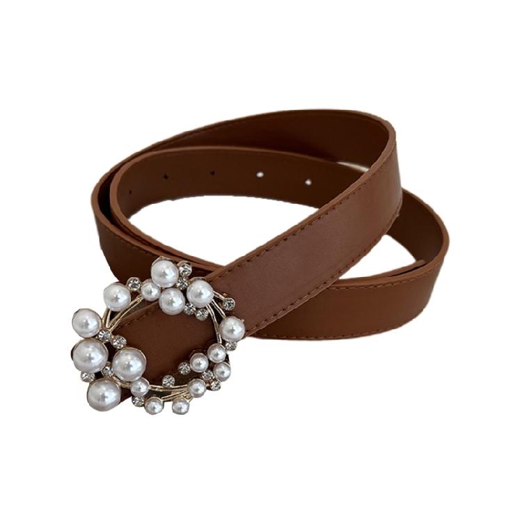Luxurious Waist Belt with Pearl Circle Pin Buckle for Woman Jeans Skirt Decors