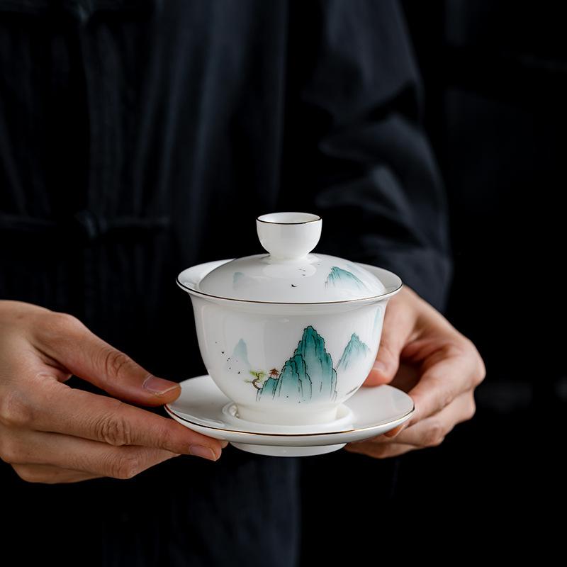 Ceramic tea set, Guochao Qianli Jiangshan Suet Jade Kung Fu tea set gift box, business gift set
